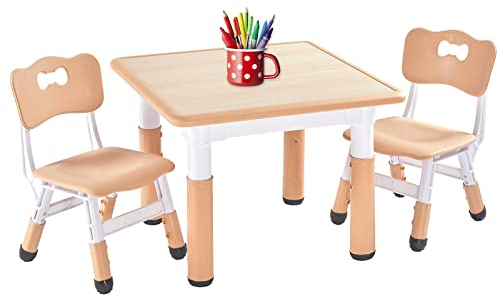 FUNLIO Kindertisch mit 2 Stühlen Set, Kindersitzgruppe Höhenverstellbar für Kinder im Alter von 3-8 Jahren, Leicht Abwischbarer Maltisch für Klassenzimmer/Kindergärten, CPC-Geprüft (3-Teilig)