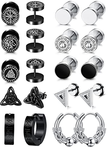 Adramata 10 par örhängen herr kirurgisk stål cirkel örhängen vikingar, örhängen cirkel för män kvinnor, 18G, 9mm, Rostfritt stål
