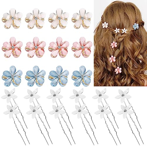 Kiiwah Pack 24 Stück Haarschmuck Damen, U-Förmige Haarnadeln Hochzeit mit Weiß Blumen, Kleine Diamant Haarspangen für Mädchen Damen für Hochzeit, Foto, Alltag, Party
