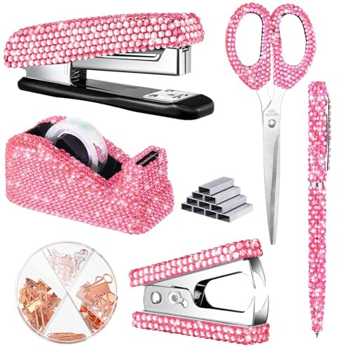 Bling Büro-Schreibtisch-Zubehör-Set, Kristall-Schul-Schreibwaren-Set, Schere, Hefter mit Heftklammer, Klebebandspender, Diamantstift, Klammerentferner, Binder-Clips, Büroklammern, Reißzwecken für
