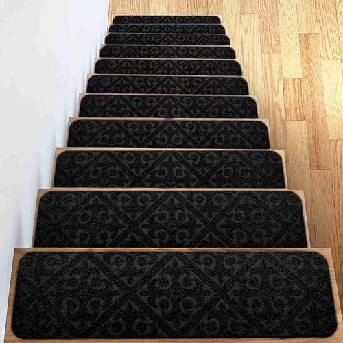 Hearda Tapis Escalier Lot de 6/9/12/15, Antidérapant Tapis Escalier Marche, Modèle Classique Moquette Escalier Couvre Marche Escalier Tapis d'Escalier Autocollants Carpette (9pc,Noir)