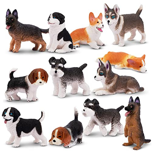 EYSCOTA Set di 12 statuette per cani, realistiche, dettagliate, in plastica, dipinte a mano, mini statuette per cani, set di giocattoli per torte, topper per compleanno, regalo per bambini e bambini