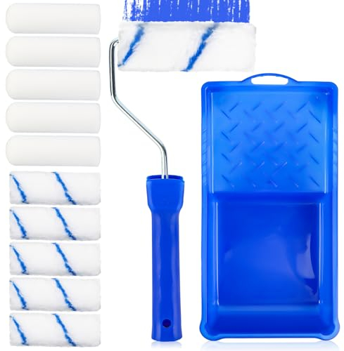 Klein Farbroller Set, 12 Stück Farbroller Pinse Malerrolle Malerset mit 1 Farbwanne 5 Schaumstoff Farbroller, 5 Mikrofaser Malerrolle Farbroller Wandfarbe für Anstricharbeiten und Renovierung
