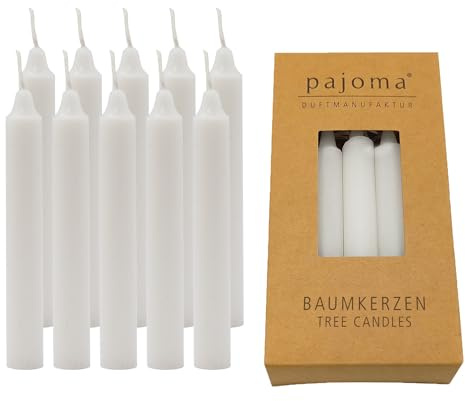 pajoma® Baumkerzen 10 Stück, Weiß - Hochwertige Stabkerzen | 10g Wachsgewicht, ca. 1 Std. Brenndauer, 95 x 13 mm | Premium Spitzkerzen, Geburtstagskerzen