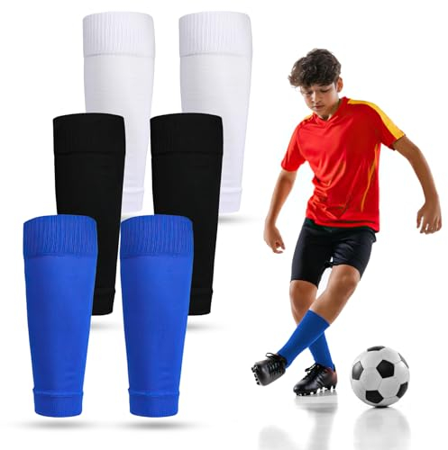 Vaktop Stutzen Kinder Fußball, 3 Paar Unisex Stutzen Ohne Socken, Fussball Socken Kinder, Fußball Sleeves für Anfänger und Jugendliche (Schwarz/Weiß/Blau)