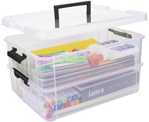 TERGOO 2 Layer Plastic Storage Containers with Lids, Multipurpose Clear Stack & Carry Box, Portable Craft Organizers and Storage Bin for Organizing Art & Craft, Sewing, Makeup, Nail Supplies (Black)