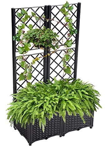 Mingone Hochbeet mit Rankgitter & Selbstbewässerung, 80×40×136 cm – Pflanzkasten für 2 große Töpfe, wetterfest & UV-beständig, ideal für Garten/Balkon (Schwarz)