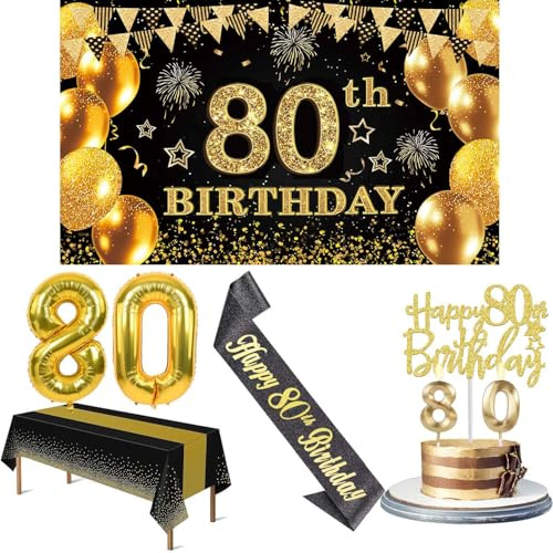Amosking 80th Birthday Decorations for Men Women Black Gold | Luxury 80th Birthday Decorations - Easy Assembly with Banner, Number Balloons, Table Cloth, Sash, Cake Topper and Candles