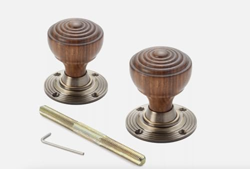 AB Hardware Rosewood Antique Brass Wooden Ringed Reeded Mortice Rim Door Knobs Knob Pair