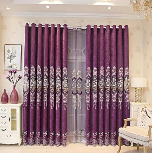 Bishilin Gardinen Blickdicht 2er Set 137x160CM, Verdunklungsvorhänge Ösen Vintage Stickerei mit Blumen Motiv Chenille Vorhänge Lila Schlafzimmer Kinderzimmer Jugendzimmer