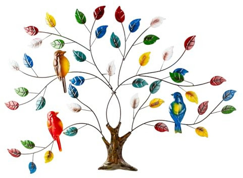 DREAMSKIP Baum des Lebens Metall-Wandkunst, 68,6 cm, große Wandskulptur für den Außenbereich, mit bunten Blättern und Vögeln, handgefertigter Baum aus Metall für drinnen und draußen, Wohnzimmer,
