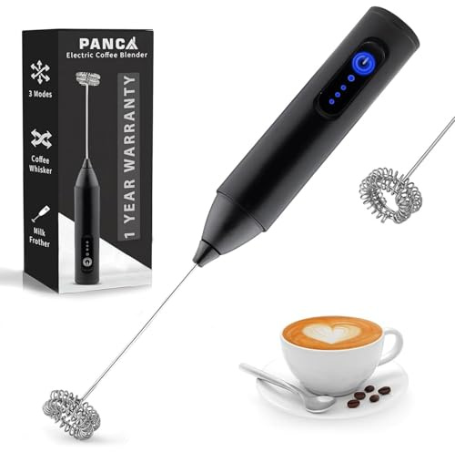 PANCA Mousseur à café électrique | Mousseur à lait | Mélangeur manuel | Cafetière et batteur électrique | Rechargeable | Mousseur à lait (1, noir, 3 modes)