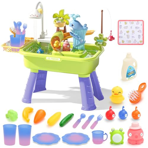 deAO 4-in-1 Children's Wash Basin with Water Function and Sand and Water Table, Water Play Table for Outdoor/Indoor with Colour Changing Tableware, Fishing Game and Accessories for Boys Girls Toddlers