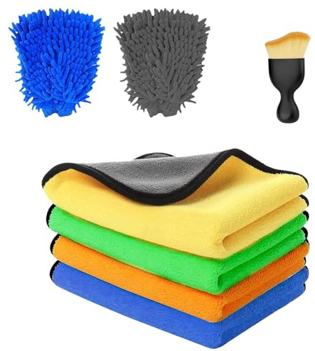 zgpzlhd Car Care Set with 4 Microfibre Cloths Car & 2 Microfibre Wash Gloves & 1 Car Interior Cleaning Soft Brushes, 600 GSM Car Drying Cloth for Household Car Wash Drying,Scratch-Free Drying