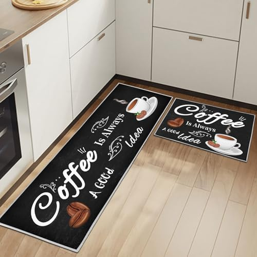 HSGLGNA Juego de 2 alfombrillas de cocina antideslizantes, lavables, con adhesivo deslizante, comodidad y cuidado fácil, para cocina, a prueba de polvo (cafeína, 43 x 75 + 43 x 150 cm)