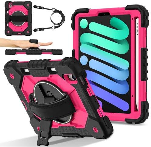 Voyage sur tablette Étui compatible avec iPad Mini 7 (A17 Pro) 2024/Mini 6 8,3 pouces 2021 avec porte-crayon, support de poignée multifonction rotatif à 360 degrés + bandoulière, étui de protection an