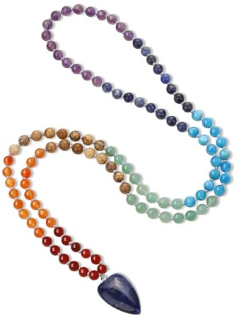 COAI Rosario Collana Uomo Donna, Collana Perle Mala 108 Grani Pietre Chakra Annodate a Mano e Ciondolo Cuore Stilizzato, Collana Pietre Naturali 8mm