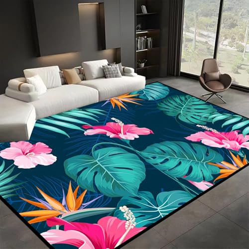 ZLXMN 100x150cm Monstera Area Rug Tropical Plants Floral Rugs Foldable Easy Clean Green Leaves Large Living Room Carpet Low Pile Non-Shedding Soft Small Bedroom Home Decor Mat