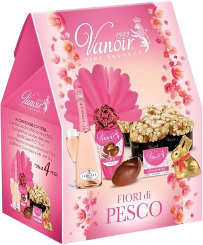 Strenna Fiori di Pesco 2025 Cuspide con 4 Pezzi: Uovo al Cioccolato, Colomba Classica con Canditi, Bunny Cioccolata e Spumante 500g