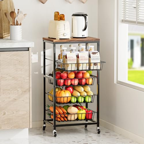 Mutool 5 Tier Kitchen Storage Trolley, Slim Kitchen Cart on Wheels, Metal Vegetable Storage Rack for Small Spaces, 40cm*30cm*83cm, Rustic Brown & Black