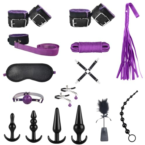 SM Bondage BDSM Set, 16 Stück BDSM Fesseln Sex Set Perfekt Bondage mit Analplug Handschellen Nippelklemmen Augenmaske Peitsche, Fesselset Erotik SM Sexspielzeug für Anfänger Erfahr