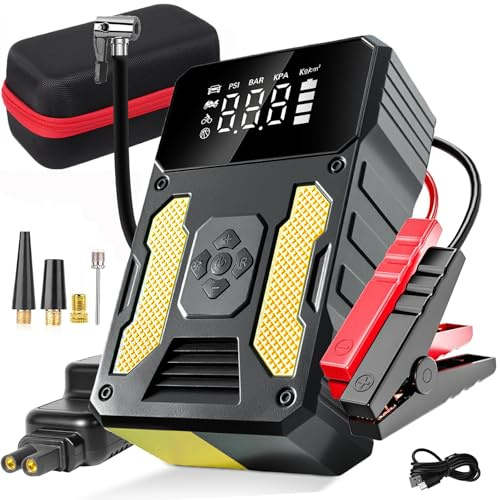 Avviatore di emergenza portatile per auto, con compressore d'aria da 6000 A, caricabatterie, avviatore di emergenza, con torcia LED e display a LED (giallo)