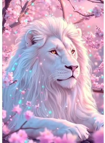 MAXBYE Diamond Painting Erwachsene, 5D Diamond Art Komplett Set DIY Weißer Löwe Diamant Bilder Anfänger, Rosa Blumen Runde Diamant Bilder Kristall Kreuzstich Für Heimdekoration Geschenk 30x40cm