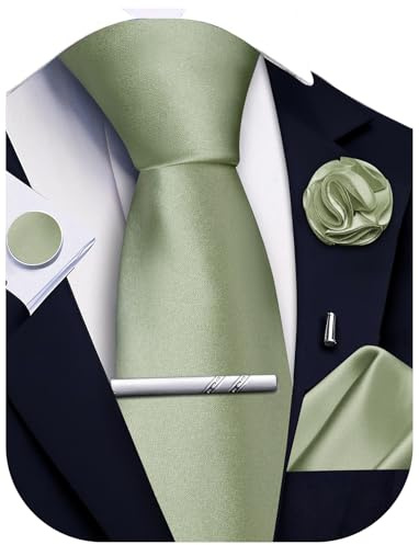 Ailisus Sage Green Tie and Pocket Square Set Solid Necktie Cufflinks Tie Clip Lapel Pin for Men Wedding Business 5PCS