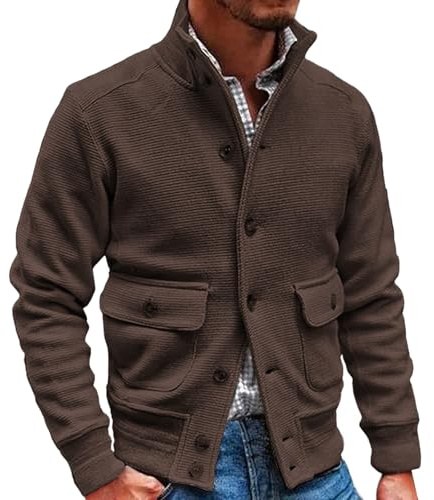 Generisch Cardigan da uomo invernale, maglione con molti bottoni button down e tasche, maglione a maglia con motivo a treccia, colletto alto, felpa oversize, cardigan, giacca di transizione tinta