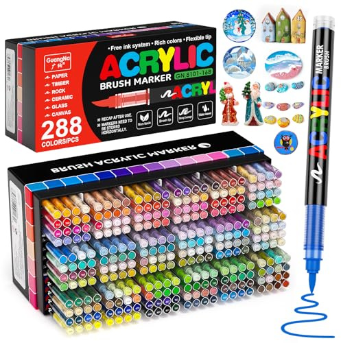 TrendGate 288 Farben Acrylstifte für Steine Wasserfest, Schnelltrocknend | Permanent Pinselspitze Acrylstifte für Holz, Leinwand, Stoff, Glas, Metall, Papier, Keramik, Ostereier, Deko usw.
