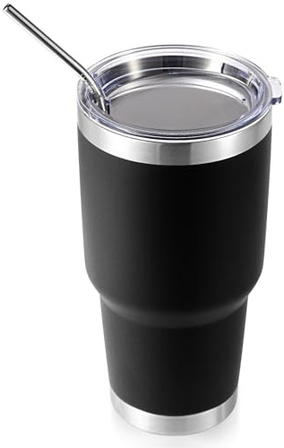 Volhoply 900ml 30oz Insulated Tumbler with Lid and Straw, Double Wall Inner & Outer 304 Stainless Steel Coffee Cup, Travel Mug Reusable Thermal Cup for Cold & Hot Drinks (Black,1 Pack)