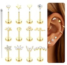 KRFY Piercing Orecchio Trago Acciaio Chirurgico Filettato Internamente Helix Labret Stud Orecchini Ipoallergenico Donna Oro Argento Cartilagine Naso Conch Helix Piercing 6MM-16G-G