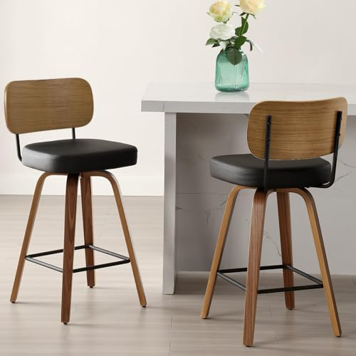 Bekrvio Drehbarer Barhocker 2er Set, 65cm Sitzhöhe Barstühle mit Lehner, PU-Leder & 4 Walnussholz Beine, Mid-Century Tresenstuhl mit Metall Fußstütze, Barstuhl für Küche Bar Theke Kücheninsel