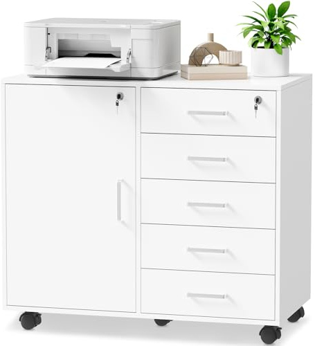 BEWISHOME Rollcontainer Schreibtisch mit 5 Schubladen Weiß