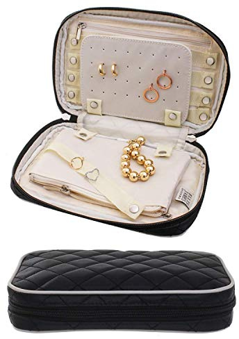 Ellis James Designs Travel Jewelry Organizer Elegant Travel jewelry case, Quilted Exterior, Padded for Protection - Keeps Your Earrings & Necklaces Organized and Secure, Jewelry Roll Travel Case Black