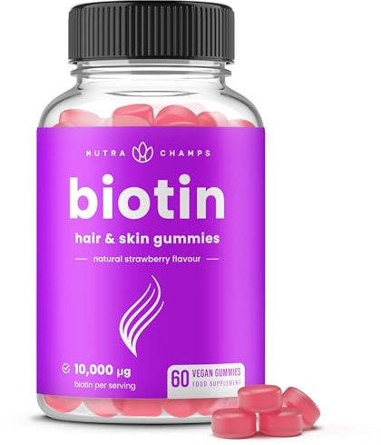 NutraChamps Biotin Gummies 10000mcg [High Potency] for Healthy Hair, Skin & Nails Vitamins for Women, Men & Kids - 5000mcg in Each Hair Vitamins Gummy - Vegan, Non-GMO, Hair Health Supplement