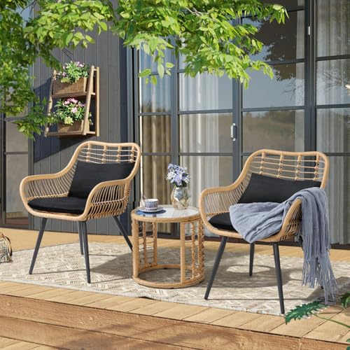 JOIVI 3 Piece Patio Bistro Set, Wicker Outdoor Patio Set with Enhanced Comfort Seating, Round Glass Top Coffee Side Table, Patio Rattan Conversation Set for Balcony, Lawn, Garden, Backyard, Black