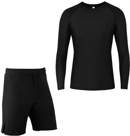 ROAR-INT MMA Rash Guard & BJJ Shorts Set Kids Fight Training Grappling Wear Jiu Jitsu Gi Trunks Outfit Set (Standard, Small, Black-2Pcs-Set)