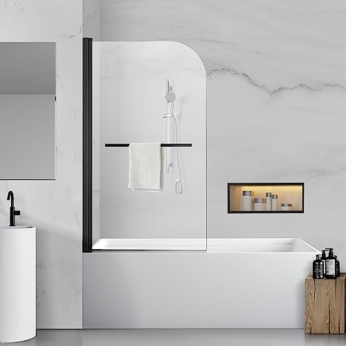 Tub Shower Door, Bathroom Shower Glass Door 34 * 58 Inch Frameless Bathtub Shower Screen with Tempered Glass (6mm), Matte Black Finish and Door Handle