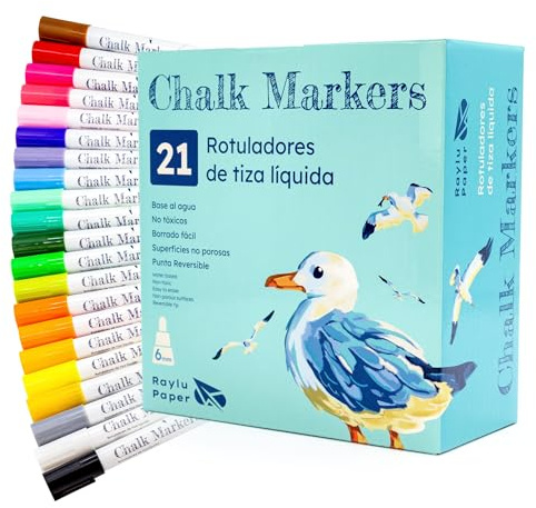RAYLU PAPER – Rotuladores de Tiza Líquida, Rotuladores para Cristal Borrables con Punta Reversible 6mm, Rotulador de Tiza para Pizarra Negra y Blanca, Escaparates y Manualidades (21 Colores)