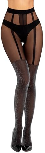 MANZI Mock Suspender Tights Plain Metallic Sparkle Mock Hold Ups Tights