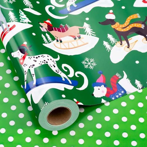Wikadlik Wendbares Weihnachts-Geschenkpapier-Rolle, 43 cm x 10 m, niedliches grünes Geschenkpapier, lustiger Hund, Weihnachtsbaum, Schneeflocken, Punktemuster