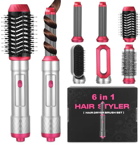 Ixydor 6 en 1 Air Styler,Brosse à Air Chaud avec 1000W Seche Cheveux,Fer à Friser,Brosse Lissante Chauffante,Brosse Coiffante,3 Températures pour Toutes Les Coiffures Lisser, Boucler, Sécher