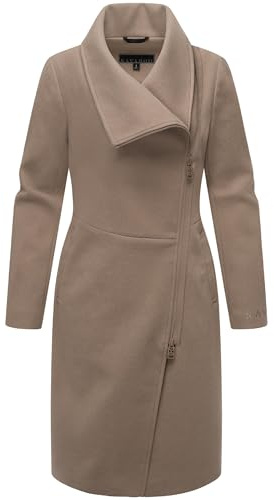 Navahoo Damen lange Übergangsjacke Mantel in Woll-Optik mit asymmetrischem Kragen und wasserdichtem Reißverschluss Samtrose 14 Taupe Grey Gr. M