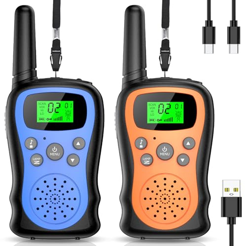 Walkie Talkie Kinder 2er Set, Pakinui Walky Talky mit 1000mAh Aufladbar Akku, Große Reichweite 3km Walki Talki Funkgeräte Set mit VOX Taschenlampe für Freien, Camping, Wandern