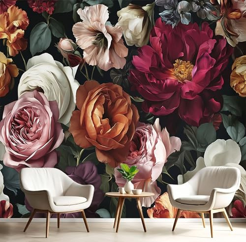 3D Papel Pintado Pintura Al Óleo Peonía Para Pared – Mural Decorativo Rojo Burdeos Para Dormitorio Y Sala Plantas Barrocas – Póster Fotográfico Papel Tapiz Fotomurales De Pared 150X105Cm