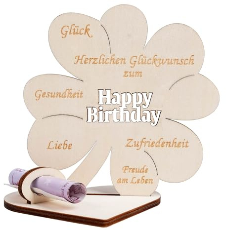 packra Geldgeschenke Geburtstag, Geldgeschenk Geburtstag mit Glücksklee Design Happy Birthday Schriftzug, Geldgeschenk Personalisierbares Holz Schild Gästebuch für Frauen Männer