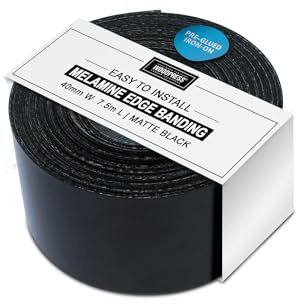 WoodPress® 40mm Black Matt Pre-Glued Melamine Edging Tape 7.5m | Edge Banding Roll, Hot-Melt Glue, Professional Flexible Trim for Fast Furniture Repair, Cabinet & Shelf Finishing, Iron-On