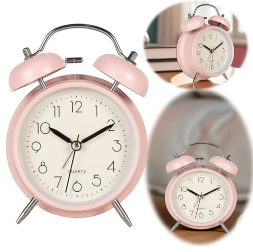 LS-LebenStil Retro Glockenwecker Rosa 13x9x5cm Analog Vintage Quarzwecker Nostalgie Schlafzimmer Nachttisch Tischuhr Alarm-Clock Ostalgie kleine Tischuhr leises Ticken