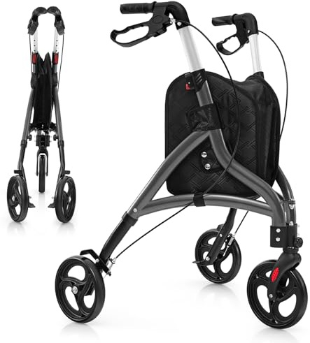HOMASIS Déambulateur Pliable à 3 Roues en Aluminium Léger, Aide à la marche Hauteur Réglable, Rollator avec Sac de Rangement pour Tous Types de Terrain pour Personnes Âgées, Handicapées (GRIS)